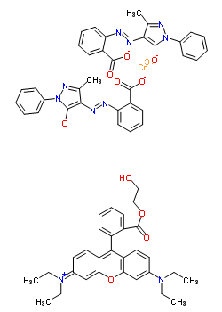 chromium(3+) N-[6-(diethylamino)-9-{2-[(2-hydroxyethoxy)carbonyl]phenyl}-3H-xanthen-3-ylidene]-N-ethylethanaminium 2-[(E)-(3-methyl-5-oxido-1-phenyl-1H-pyrazol-4-yl)diazenyl]benzoate (1:1:2)