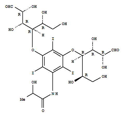 N-[3,5-bis({(1R,2R,3R)-1-[(1R)-1,2-dihydroxyethyl]-2,3-dihydroxy-4-oxobutyl}oxy)-2,4,6-triiodophenyl]-2-hydroxypropanamide  molecular structure