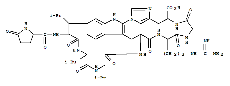 15,19-(Iminoethaniminoethaniminopropano)-1,4-metheno-5H-1,3,7,10,13-pentaazacyclooctadecino[18,17-b]indole-6-carboxylicacid,12-[3-[(aminoiminomethyl)amino]propyl]-6,7,8,9,10,11,12,13,14,15,16,21-dodecahydro-22,29-bis(1-methylethyl)-26-(2-methylpropyl)-8,1