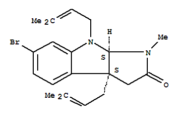 Pyrrolo[2,3-b]indol-2(1H)-one,6-bromo-3,3a,8,8a-tetrahydro-1-methyl-3a,8-bis(3-methyl-2-buten-1-yl)-,(3aS,8aS)- molecular structure
