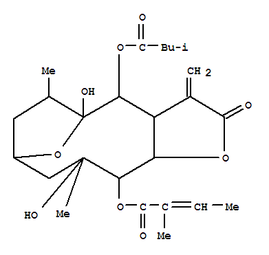 2-Butenoicacid, 2-methyl-,dodecahydro-5,10-dihydroxy-6,10-dimethyl-3-methylene-4-(3-methyl-1-oxobutoxy)-2-oxo-5,8-epoxycyclododeca[b]furan-11-ylester, [3aR-[3aR*,4S*,5S*,6S*,8R*,10R*,11S*(Z),11aR*]]- molecular structure