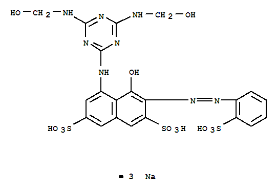 2,7-Naphthalenedisulfonicacid,5-[[4,6-bis[(hydroxymethyl)amino]-1,3,5-triazin-2-yl]amino]-4-hydroxy-3-[2-(2-sulfophenyl)diazenyl]-,sodium salt (1:3) molecular structure