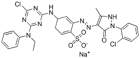 Benzenesulfonic acid, 4-4-chloro-6-(ethylphenylamino)-1,3,5-triazin-2-ylamino-2-1-(2-chlorophenyl)-4,5-dihydro-3-methyl-5-oxo-1H-pyrazol-4-ylazo-, monosodium salt molecular structure