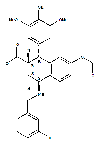 Furo[3',4':6,7]naphtho[2,3-d]-1,3-dioxol-6(5aH)-one,9-[[(3-fluorophenyl)methyl]amino]-5,8,8a,9-tetrahydro-5-(4-hydroxy-3,5-dimethoxyphenyl)-,[5R-(5a,5ab,8aa,9b)]- molecular structure