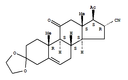 Pregn-5-ene-16-carbonitrile,3,3-[1,2-ethanediylbis(oxy)]-11,20-dioxo-, (16a)- (9CI) molecular structure