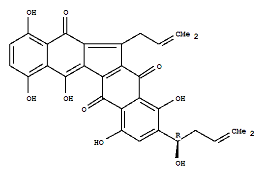 5H-Dibenzo[b,h]fluorene-5,11,13-trione,1,4,6,7,10-pentahydroxy-2-(1-hydroxy-4-methyl-3-pentenyl)-12-(3-methyl-2-butenyl)-,(R)- molecular structure