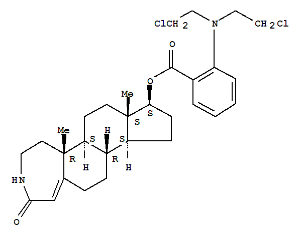 Benzoic acid,2-[bis(2-chloroethyl)amino]-,(5aR,5bS,7aS,8S,10aS,10bR)-2,3,4,5,5a,5b,6,7,7a,8,9,10,10a,10b,11,12-hexadecahydro-5a,7a-dimethyl-2-oxocyclopenta[5,6]naphth[1,2-d]azepin-8-ylester molecular structure