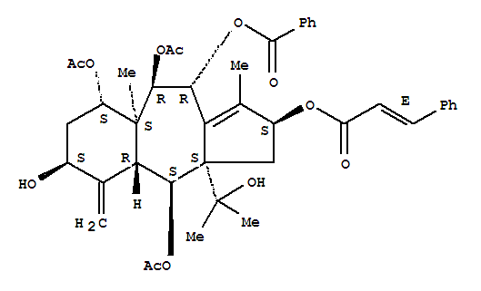 2-Propenoicacid, 3-phenyl-,4,8,9-tris(acetyloxy)-10-(benzoyloxy)-2,3,3a,4,4a,5,6,7,8,8a,9,10-dodecahydro-6-hydroxy-3a-(1-hydroxy-1-methylethyl)-1,8a-dimethyl-5-methylenebenz[f]azulen-2-ylester, [2S-[2a(E),3ab,4a,4aa,6a,8b,8ab,9a,10b]]- molecular structure