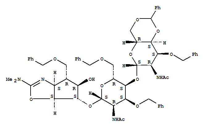 .beta.-D-Allopyranoside, (3aS,4R,5R,6S,6aS)-2-(dimethylamino)-3a,5,6,6a-tetrahydro-5-hydroxy-4-(phenylmethoxy)methyl-4H-cyclopentoxazol-6-yl 2-(acetylamino)-4-O-2-(acetylamino)-2-deoxy-3-O-(phenylmethyl)-4,6-O-(phenylmethylene)-.beta.-D-allopyranosyl-2-de molecular structure