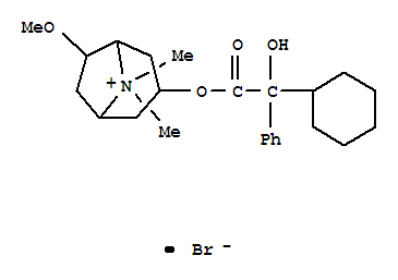 8-Azoniabicyclo[3.2.1]octane,3-[(2-cyclohexyl-2-hydroxy-2-phenylacetyl)oxy]-6-methoxy-8,8-dimethyl-, bromide(1:1) molecular structure