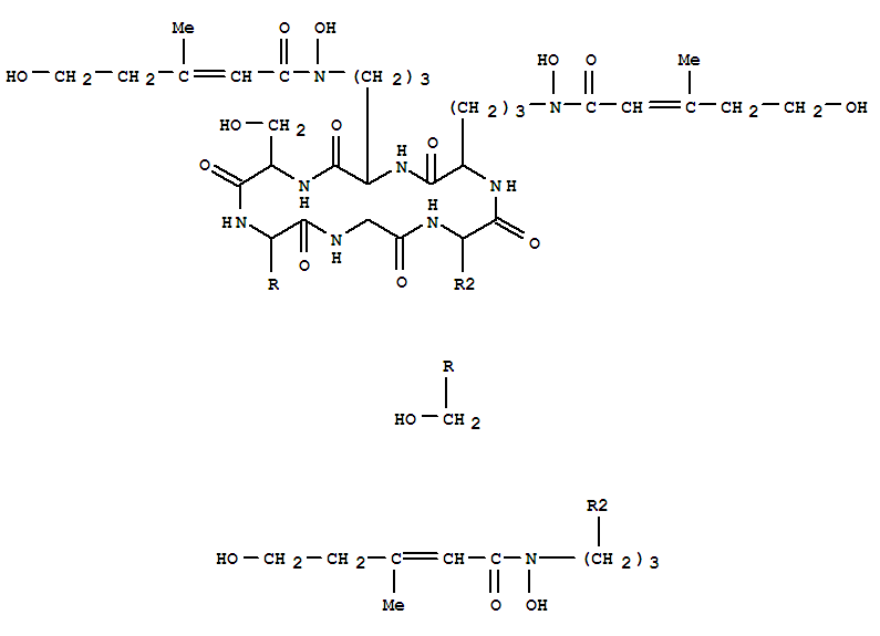 Cyclo[glycyl-N5-hydroxy-N5-[(2E)-5-hydroxy-3-methyl-1-oxo-2-penten-1-yl]-L-ornithyl-N5-hydroxy-N5-[(2E)-5-hydroxy-3-methyl-1-oxo-2-penten-1-yl]-L-ornithyl-N5-hydroxy-N5-[(2E)-5-hydroxy-3-methyl-1-oxo-2-penten-1-yl]-L-ornithyl-L-seryl-L-seryl] molecular structure