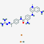 6-amino-4-({3-amino-4-[(4-{(1E)-1-[(diaminomethylidene)hydrazinylidene]ethyl}phenyl)carbamoyl]phenyl}amino)-1-methylquinolinium bromide hydrobromide (1:1:1) molecular structure