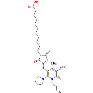 11-{5-[(5-cyano-4-methyl-6-oxo-1-propyl-2-pyrrolidin-1-yl-1,6-dihydropyridin-3-yl)methylidene]-4-oxo-2-thioxo-1,3-thiazolidin-3-yl}undecanoic acid molecular structure
