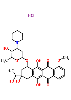3,5,12-trihydroxy-3-(1-hydroxyethyl)-10-methoxy-6,11-dioxo-1,2,3,4,6,11-hexahydrotetracen-1-yl 2,3,6-trideoxy-3-piperidin-1-ylhexopyranoside hydrochloride (1:1) molecular structure
