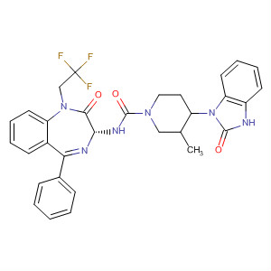 1-Piperidinecarboxamide,4-(2,3-dihydro-2-oxo-1H-benzimidazol-1-yl)-N-[(3R)-2,3-dihydro-2-oxo-5-phenyl-1-(2,2,2-trifluoroethyl)-1H-1,4-benzodiazepin-3-yl]-3-methyl- molecular structure