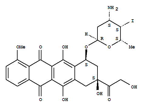 5,12-Naphthacenedione, 10-(2R,4S,5S,6S)-4-aminotetrahydro-5-iodo-6-methyl-2H-pyran-2-yloxy-7,8,9,10-tetrahydro-6,8,11-trihydroxy-8-(hydroxyacetyl)-1-methoxy-, (8S,10S)- molecular structure