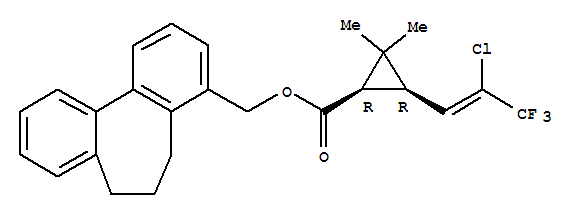 6,7-dihydro-5H-dibenzo[a,c][7]annulen-4-ylmethyl (1R,3R)-3-[(1Z)-2-chloro-3,3,3-trifluoroprop-1-en-1-yl]-2,2-dimethylcyclopropanecarboxylate molecular structure