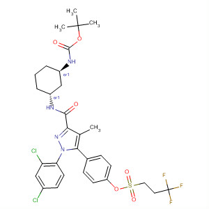 1-Propanesulfonic acid, 3,3,3-trifluoro-,4-[1-(2,4-dichlorophenyl)-3-[[[(1R,3R)-3-[[(1,1-dimethylethoxy)carbonyl]amino]cyclohexyl]amino]carbonyl]-4-methyl-1H-pyrazol-5-yl]phenylester, rel- molecular structure