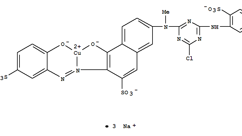 Trisodium (7-((4-chloro-6-(2-sulphoanilino)-1,3,5-triazin-2-yl)methylamino)-4-hydroxy-3-((2-hydroxy-5-sulphophenyl)azo)naphthalene-2-sulphonato(5-))cuprate(3-)
